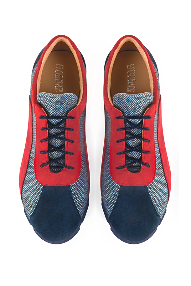 Navy blue and scarlet red women's three-tone elegant sneakers. Round toe. Flat rubber soles. Top view - Florence KOOIJMAN